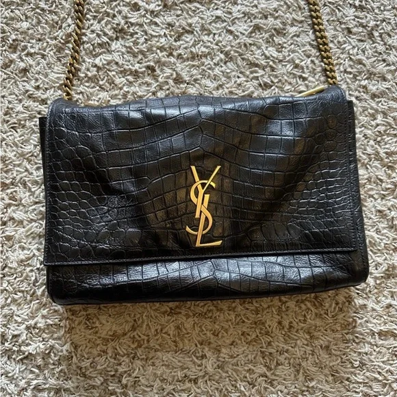 Saint Laurent Black Croc-Embossed Crossbody Bag - Picture 1 of 9